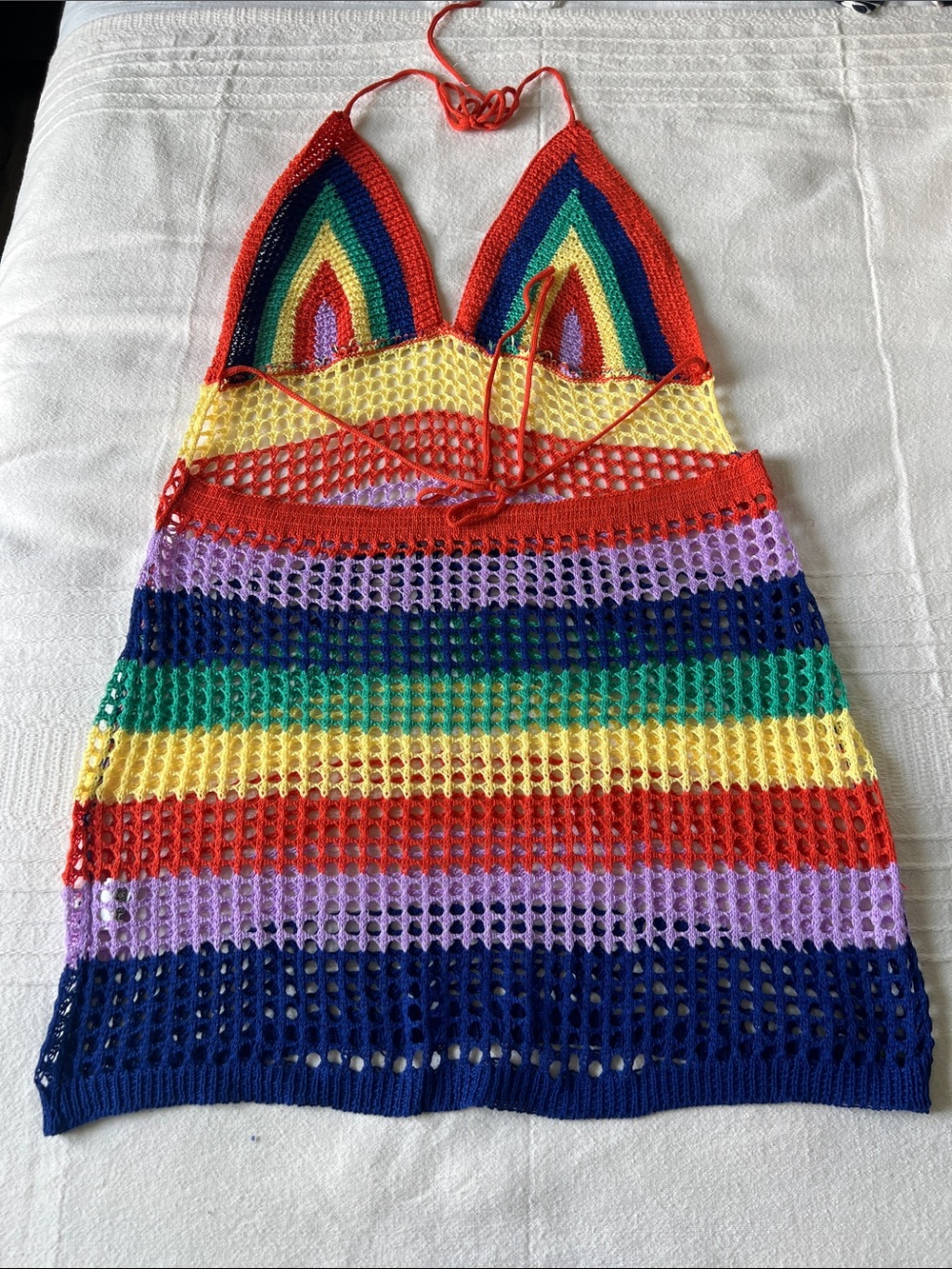 SHEIN Rainbow Crochet Halter Swim Coverup – Red, Yellow, Green, Blue, Purple - Picture 2 of 5